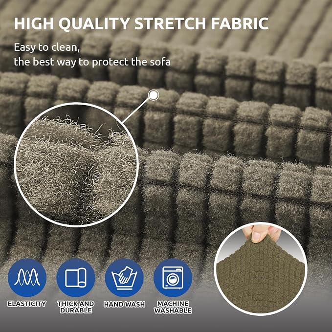 KEKUOU Stretch Couch Covers for Sofa, 3 Cushion Couch Slipcover,Khaki | 1-Piece Washable Sofa Cover Pet Friendly(78"-94") Furniture Protector Soft Jacquard, Elastic Bottom for Dogs & Kids - Image 5