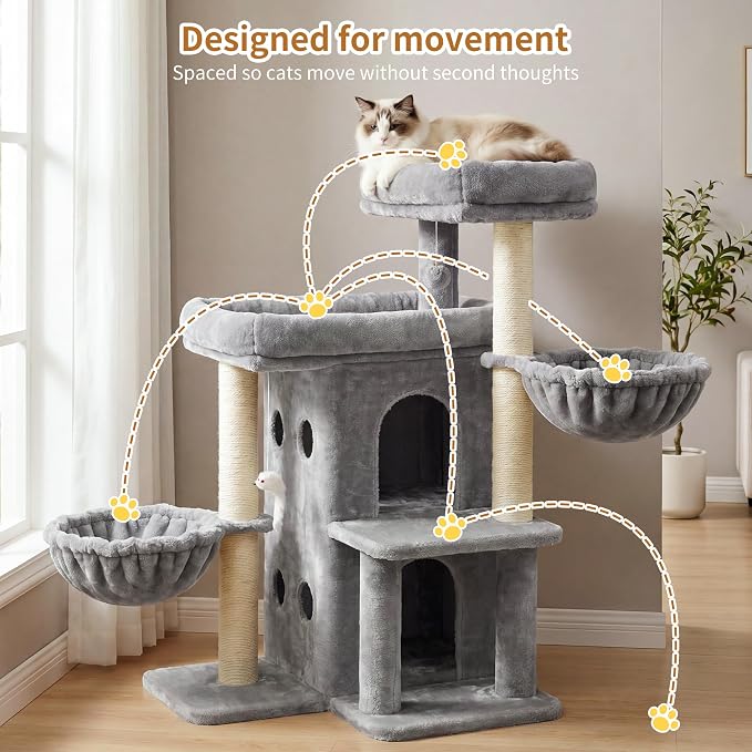 Heybly Cat Tree with Reinforced Big Base, 41.3 in Sturdy Cat Tower HCT075W | Indoor Cat Furniture Featuring 2 Roomy Platforms, Double Condos, 2 Cozy Baskets, Full Sisal Scratching Posts, Light Gray - Image 9