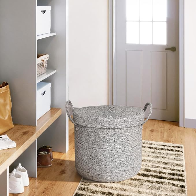 15”x13” Storage Basket with Lid, Blanket Storage for Living Room, Woven Cotton Rope Bin with Cover, Kids Dog Toy Box, Baby Laundry Basket with Lid, Covered Blankets Pillows Holder, Gray - Image 3