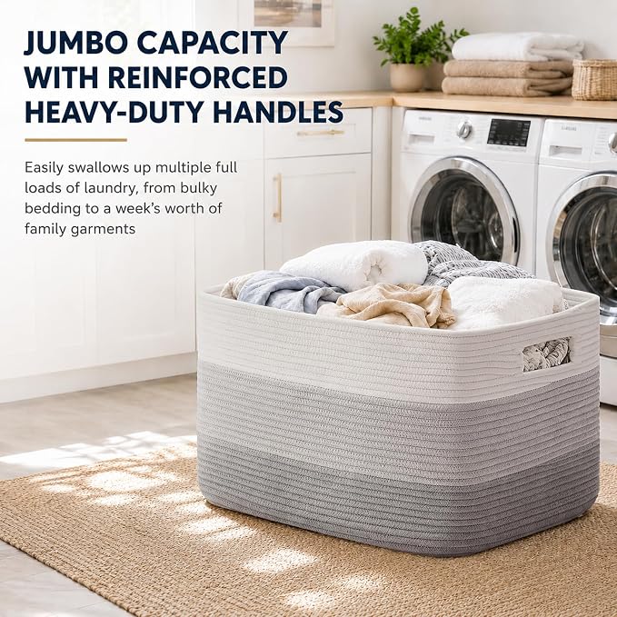 OIAHOMY Blanket Basket Laundry Basket Dog Toy Basket 75L Gradient Grey | Large Storage Basket,Baby Basket,Toy Storage,Woven Rope Basket for Blankets,Blanket Storage for Living Room - Image 6