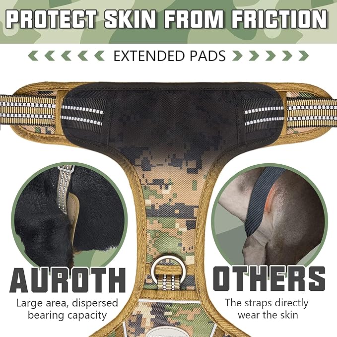 AUROTH Tactical Dog Harness for Extra Large Dogs, Heavy Duty No Pull Vest | Easy Control with Handle, Reflective, Military K9, No Choke, 2 Clips, for Walking Hunting Hiking Training, Woodland Camo, XXL - Image 6
