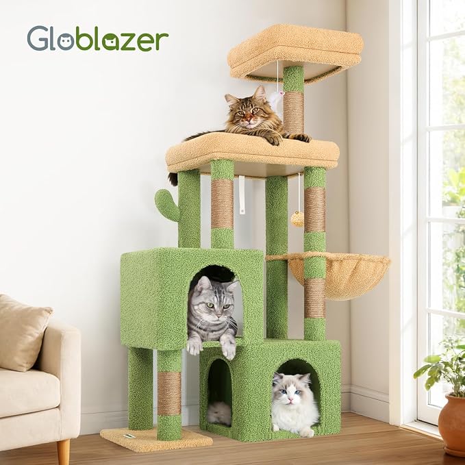 Globlazer 52in Cactus Cat Tree Tower for Indoor Cats, 2 Condos, S52, Green | Multi-Level Plush House, 5 Sisal Scratching Posts, 2 Padded Top Perches, Big Metal Basket, Stable Enlarged Base - Image 7