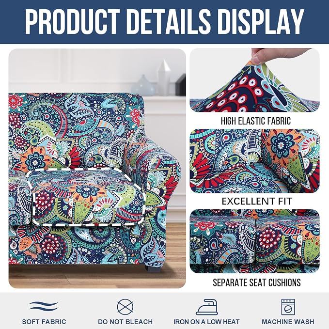 hyha Stretch Couch Cover, Sofa Covers for 2 Separate Cushion Couch Washable | Loveseat Cover, Floral Pattern, Printed, 3 Pieces, 2 Seater Furniture Protector with Elastic Bottom for Dogs, Pet Friendly - Image 4