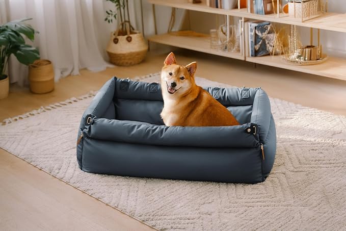 FUNNY FUZZY Leather Dog Car Seat for Large Size Dogs, Pet Booster Car Seats | Waterproof Car Seat with Safety Clip-On Leash, Soft Fabric Car Dog Bed Filling Memory Cotton, Washable Travel Pet Bed(Blue) - Image 8
