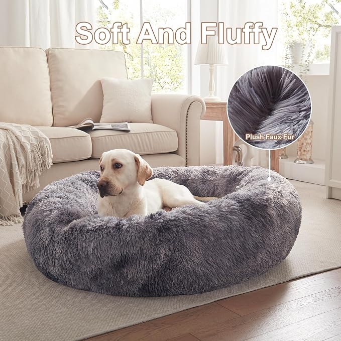 45 in Faux Fur Donut Dog Bed for Extra Large Dogs,Tie-dye Grey | Calming Plush Round Jumbo Fluffy Pet Bed with Removable & Washable Cover,Fits up to 120 lbs Pets - Image 4