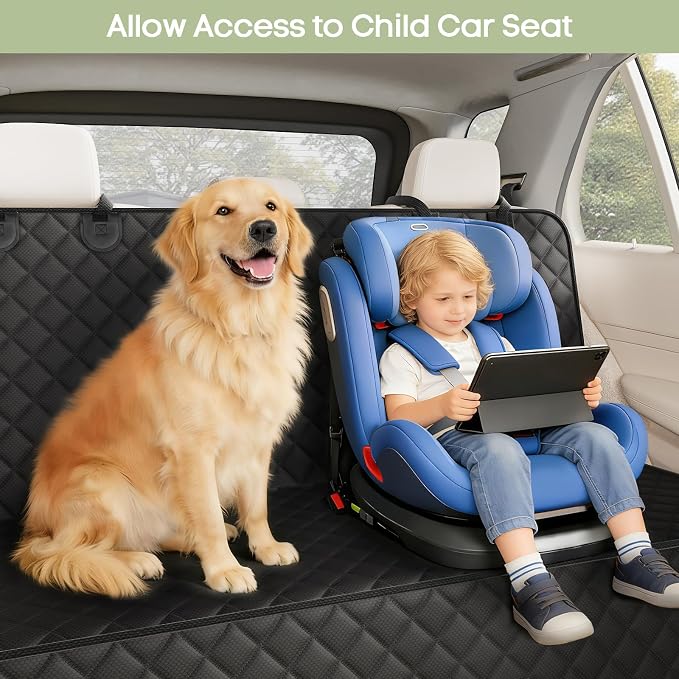 Back Seat Cover for Dogs, Bench Seat Cover Protector with Side Flaps | 600D Oxford, Waterproof Scratchproof Non-Slip Car Seat for Dogs, Velcro Openings for Child Seat Access, Fits Cars Trucks SUVs - Image 2