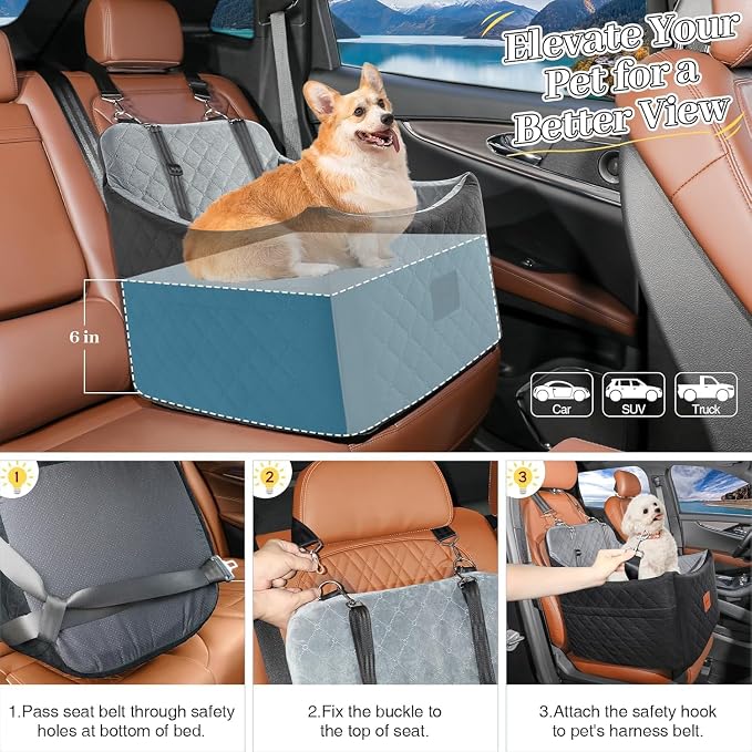 Dog Car Seat for Small Medium Dogs,Detachable Washable Dog Booster Seat Under 35lbs, Pet Car Seat Travel Bed with Storage Pockets and Safety Belt (Black/Grey, Medium) - Image 6