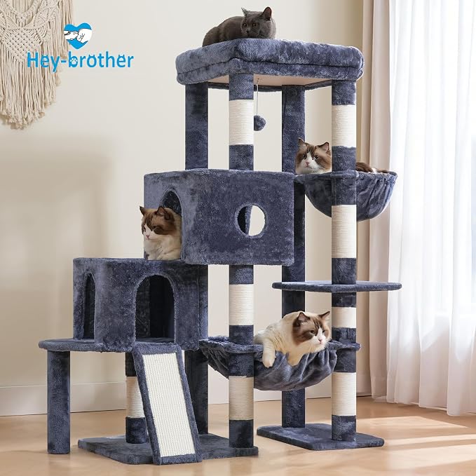 Hey-brother Cat Tree Tower with Plush Steped Condos, Big Platform, MPJ071G | 50 Inches Tiered Climbing Cat House with Sisal Scratching Posts, Spacious Hammock, Cozy Basket for Indoor Cats, Smoky Gray - Image 8