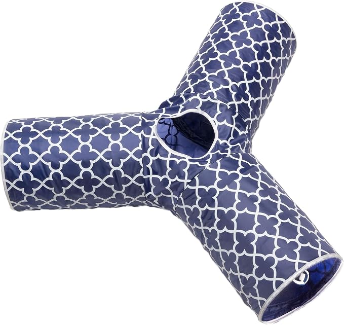 Cat Tunnel - Collapsible 3 Way Quatrefoil Play Toy - Tube Fun for Rabbits, Kittens, and Dogs - Quatrefoil Navy/White - Image 3