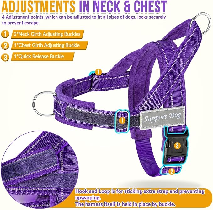 SlowTon No Pull Dog Harness with Front Clip - Heavy Duty, Soft Padded | Neck & Chest Adjustable, Tactical Pet Vest and Leash Set for Large Medium Sized Dogs, for Easy Walk & Training, Purple L - Image 5