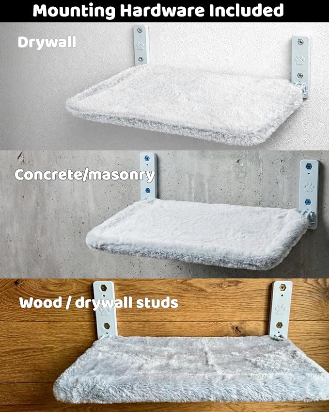 OtterPets Cat Wall Bed, Foldable Cat Wall Hammock with Plush Washable Cover | 35 lb metal support; plush washable cover; hardware for drywall, studs and concrete, cat wall shelf, wall mounted cat bed - Image 5