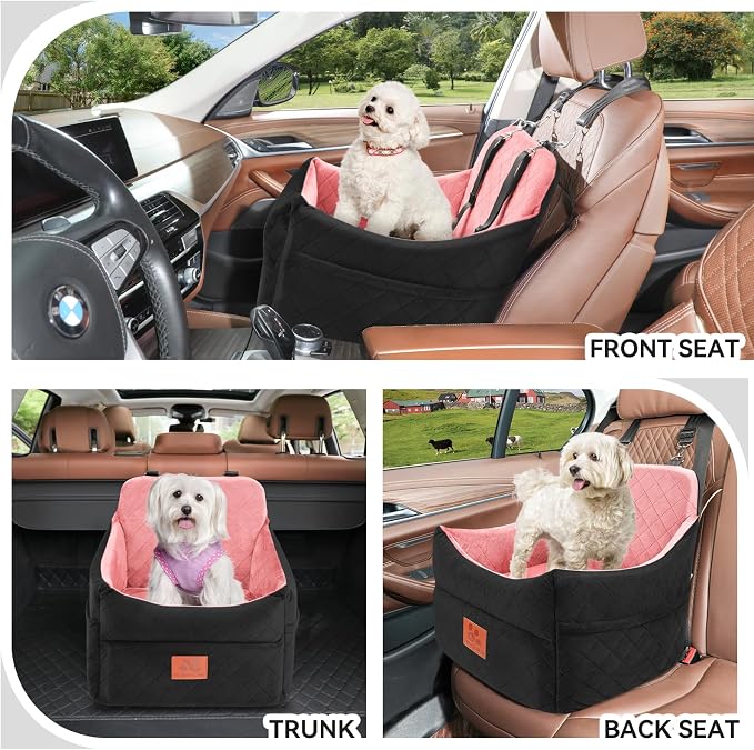 GL GLENSLAVE Dog Car Seat for Small/Medium Dogs, Dog Booster Car Seats with Thick Cushion for Dogs Under 35 lbs, Detachable Washable Pet Carseat with Storage Pockets, 2 Safety Belts(Black/Pink) - Image 2