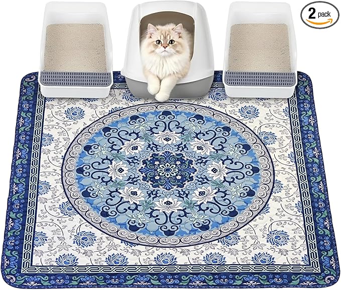 Cat Litter Mat, Reusable Kitty Litter Trapping Mat 2 PCs, 41"x36" Washable Litter Mats for Cats, Waterproof & Non-Slip Compatible with Cat Box (Indigo Blue Medallion, 41"x36"(2 PCS)) by YOSEPATI