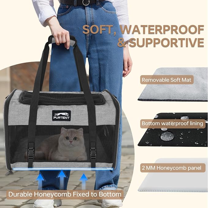 Soft Cat Carrier, Large Foldable Pet Carrier with Four-Sided Breathable Mesh, Safety Leash Included, 20 x 13 x 13 Inches, Travel Bag for Cats & Small Dogs, Grey - Image 3
