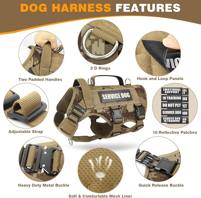 Service Dog Vest Harness for Large Dog, Tactical Working MOLLE Vest with 10 Pet Patches, No Pull Heavy Duty Harness for Training Walking - Image 3