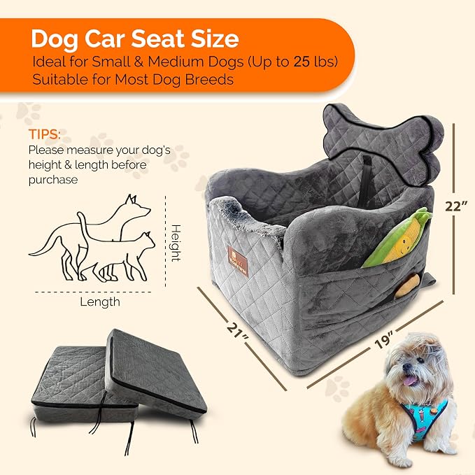 Yara’s Woofyverse Dog Car Booster Seat, Small & Medium Dogs, Stone Shadow | Fur-Lined Headrest, Adjustable Cushions, 6-Pocket Storage, Machine-Washable Cover, Portable Pet Car Seat Front/Back Travel - Image 5