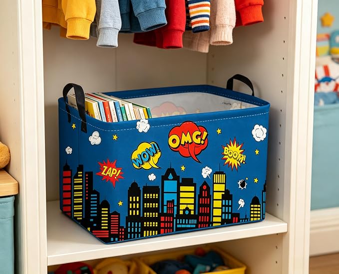 Sanjiaofeng Rectangular Blue City Hero Skyline Basket,Baby Storage Bins with Handles,Comics Hero Kid Basket,Building Silhouettes Storage Bin,Room Decor(Building) - Image 2