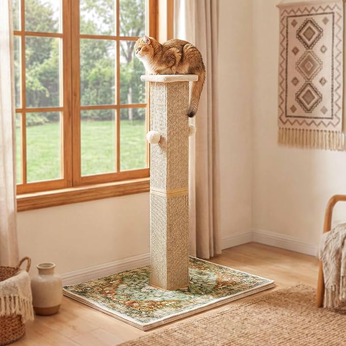 Tall Cat Scratching Post for Indoor Cats Adults with Carpet, Green | 33 Inch, Large Cat Post with Perch, Heavy Duty&Stable, Sisal Rope, Cute Cat Scratcher with Boho Carpet & Dangling Ball Toys - Image 3