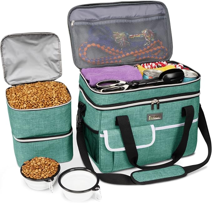 BAGLHER Dog Travel Bag for Supplies - Double-Layer Airline Approved Weekend Pet Travel Organizer Set for Dog and Cat Tote with 2 Pet Food Containers and 2 Collapsible Silicone Bowls Green by BAGLHER