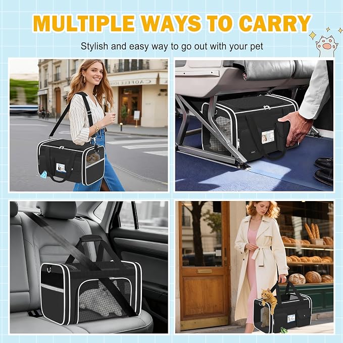 HUANLANG Large Cat Carrier Soft Sided Travel Pet Carrier Airline Approved | Dog Carriers for Small Dogs Medium Cats,Collapsible,3 Storage,zipper lock,Reflective strips,Luggage Strap,Up to 15 Lbs, Black - Image 8
