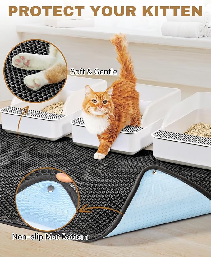 Fostanfly Cat Litter Mat, Machine Washable, Extra Large XL 45"x27", Black | Kitty Litter Trapping Mat, Urine & Waterproof, Double Layer Design, Honeycomb Scatter Control- Easy Clean for Floor - Image 4