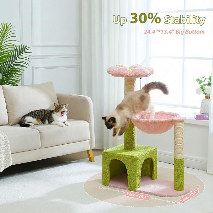Flower Cat Tree with Large Metal Frame Hammock, 35" Cute Cat Tower with Sisal Scratching Posts for Small Indoor Cats, Cat Condo with Pink Top Perch for Kittens, Pink | Flower-shaped top perch, Metal frame hammock, Sisal scratching posts, Cozy pink cond... - Image 3