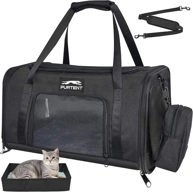 Soft-Sided Cat Carrier with Foldable Litter Box for Air Travel, Black | A compact soft-sided carrier with a foldable litter box and organized storage for flights, car trips and hotel stays. by UOROUO