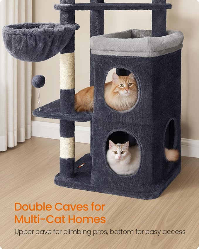 Feandrea Cat Tree Indoor, 60" Multiple-Level Plush Cat Tower, Dark Gray | 2 Caves, 3 Steps, 3 Scratching Posts, 3 Ball Toys, Cat Condo House for Large Adult Cats, UPCT007G02 - Image 3