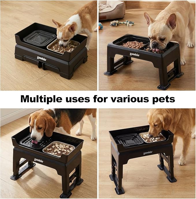 ZOMISIA Elevated Dog Bowls, 6 Height Adjustable Raised Dog Bowl Mess Proof | No Spill Water Bowl, 3-in-1 Dog Bowl Stand, Double Deck, 2 Stainless Steel Bowls, Licking Plate, For Small Medium Large Pets - Image 9