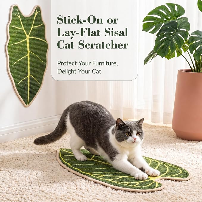 Natural Leaf-Shaped Sisal Cat Scratcher for Wall and Floor, Large Cat Scratch Pad for Indoor Cats Furniture Protection, Extra Large Wall Mounted Cat Scratching Mat for Claw Care (Velvet Taro) - Image 3