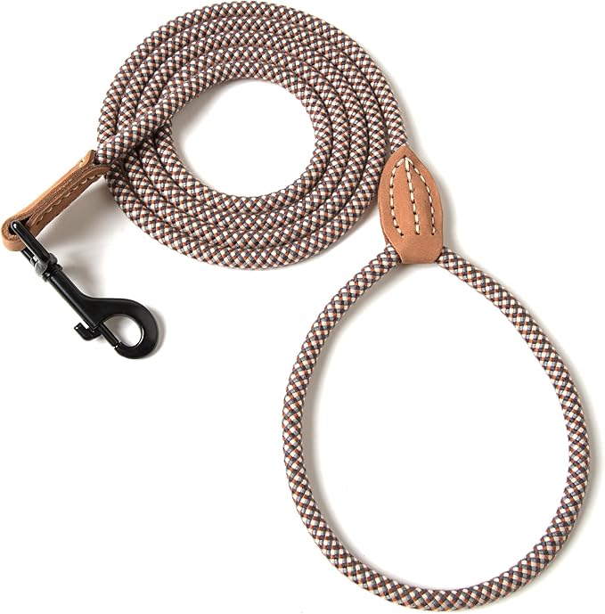 Mile High Life Dog Leash with Genuine Leather-Wrapped Ends, 4/5/6FT | Tangle-Free 360° Swivel Clasp Heavy Duty Rope Leash | Small Medium Large Dogs | Daily Walking (Brown, 60 Inch, 1/3") by MileHighLife