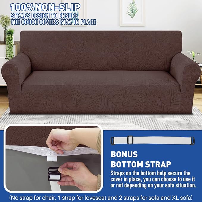YEMYHOM Couch Cover Latest Jacquard Design High Stretch Sofa Covers for 3 Cushion Couch, Pet Dog Cat Proof Slipcover Non Slip Magic Elastic Furniture Protector (Large, Begonia Leaf Coffee) - Image 5