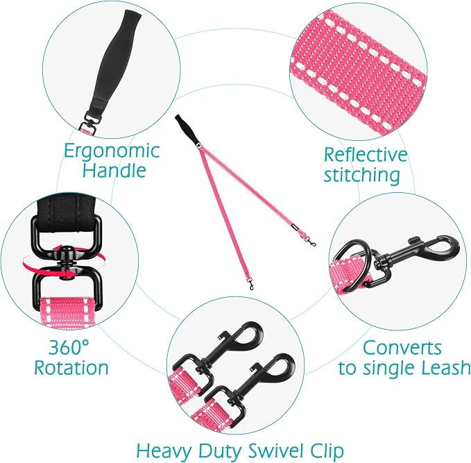 PetBonus Two Point Control Dog Leash, No Tangle Training Walking Leashes | Soft Padded Handle, Reflective, Works with No Pull Harnesses, Converts to Single Lead for Medium Large Dogs, Pink - Image 3