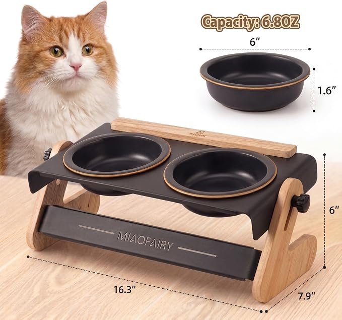 Elevated Cat Bowls 6.8oz x2, Adjustable Raised Cat Bowl Stand, Ceramic Cat Food and Water Bowl Set for Cats and Small Dogs - Image 2