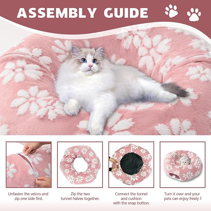 Cute Round Cat Tunnel for Indoor Cats, Pink | Peekaboo Cat Cave with Dangling Balls, Pet Donut Tunnel Bed with Circle Mat for Puppy Kitten Rabbit - Image 7