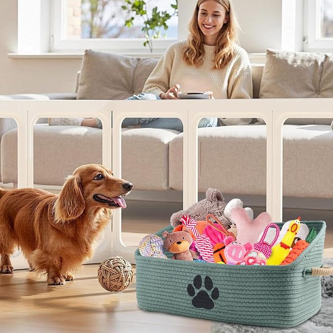 2 pack Woven Dog Toys Basket, 100% Cotton Rope Dog Toy Box for Living Room Area, Trapezoid Pet Toys Bin with Sturdy Handle, Puppy Bed, Green Baskets for Pet Toys/Collar/Leash/Blanket - Image 8