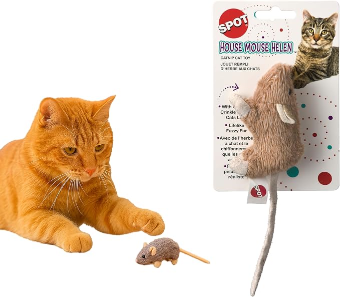 SPOT House Mouse Helen Cat Toy with Catnip – Lifelike Plush Mouse, Crinkle Sound, 4in Small Size for Kittens and Cats, Batting, Chasing, Playing – Assorted Colors by SPOT