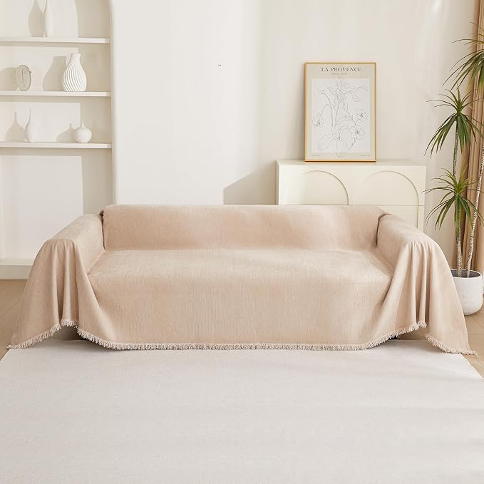 MYSKY HOME Dog Sofa Covers Khaki L-Shaped Sofa Slipcovers, Loveseat Couch Cushion Cover Tassel Edge, 91"x 118 - Image 8