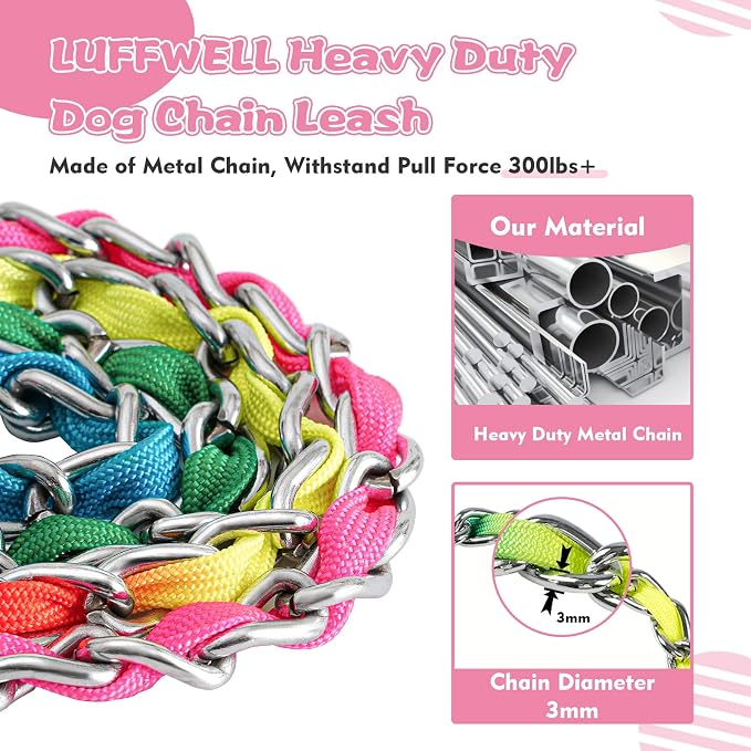 Metal Chain Dog Leash Chew Proof for Dogs, Colorful, 3.0mm, 4FT | Close Control for Training and Busy Areas, Chew Resistant Chain, Padded Handle, Swivel Clip - Image 2