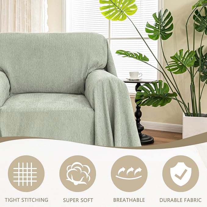 MYSKY HOME Oversized Armchair Couch Cover for 1 Cushion Couch, Washable Sofa Protector, Chair Chenille Couch Covers, Wingback Chair Cover Sofa Covers Sofa Throw Sofa Slipcovers, 71"X91", Sage Green - Image 2