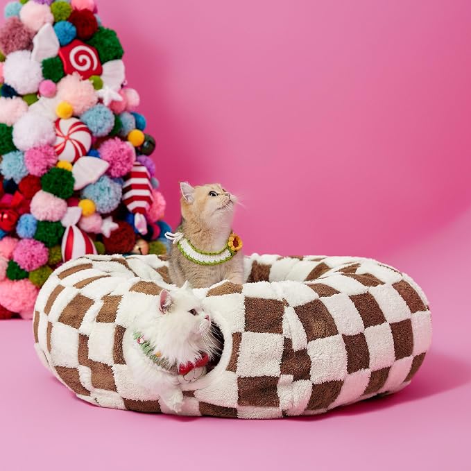 Lesure Donut Cute Jacquard Cat Tunnel Bed Kitten Toys for Puppy Bunny | 33.5x33.5x10in,Round Cat Bed Tube for Indoor Cats Rabbit Dog,Pet Peekaboo Cave Toy,Spiral Hideaway,Washable Cushion,Brown - Image 7