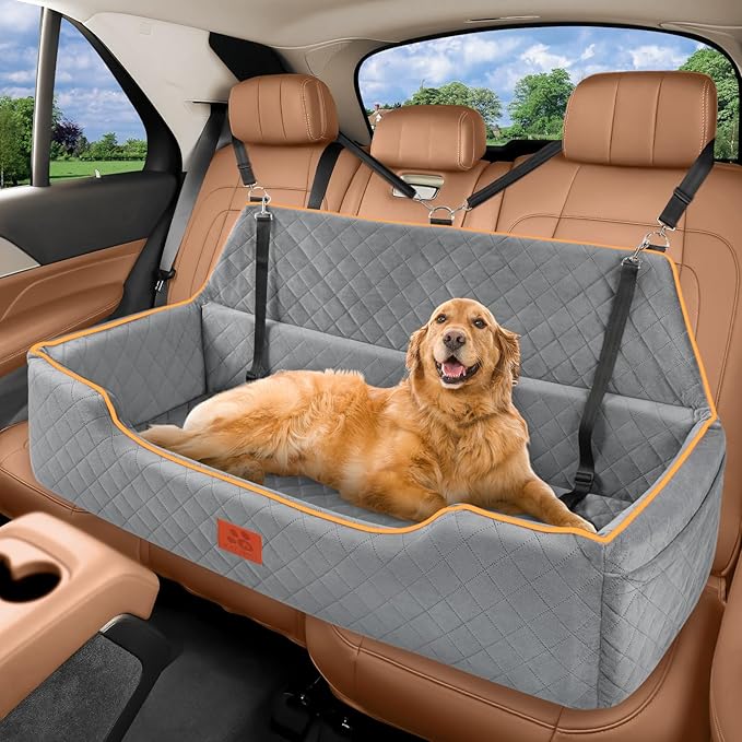 XIEEAOZEE Large Dog Car Seat for Pets Under 100 lbs, Backseat Dog Car Bed | Washable Pet Booster Seat for 2 Medium Dogs, Pet Travel Seat with Storage Pockets, Safety Belts by XIEEAOZEE