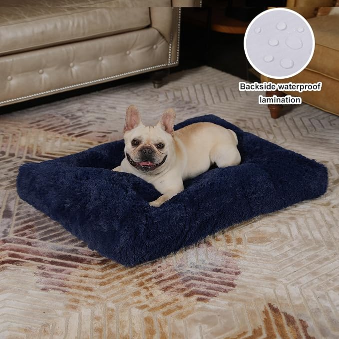 Bedfolks Waterproof Dog Crate Bed, Plush Dog Pad, 29"x21", Solid Dark Blue | Faux Fur Plush Cover, Zippered Removable Washable Outer, Waterproof Inner Lining, Non-Slip Base, Crate Pad and Dog Pillow - Image 2