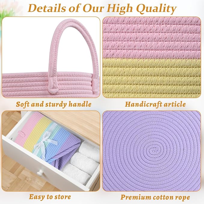 Laundry Hamper for Organizing, 52L Large Laundry Baskets, Cotton Rope Woven Blanket Basket, Collapsible Laundry Hamper for Living Room, Nursery, 15"×18", Light Rainbow - Image 7