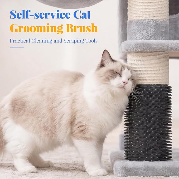 Hey-brother Cat Tree, Multi-Level Tower with 3 Condos, Hairbrush, MPJ035-MW | 74 Inches XL Large Scratching Posts for Indoor Cats and Kittens, 2 Wide Platforms, 2 Plush Baskets, Toy Balls, Light Gray - Image 6