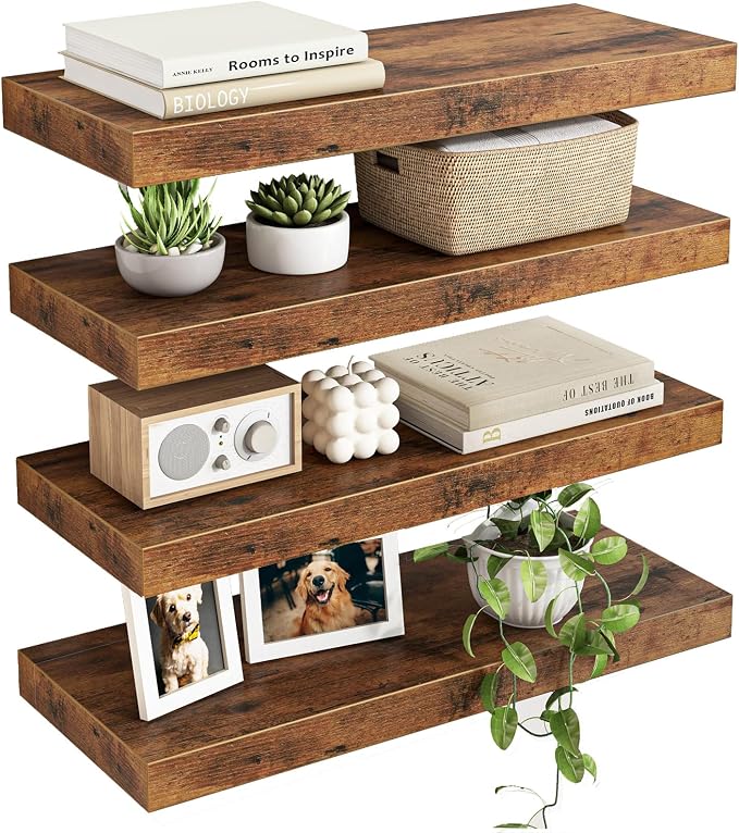 Fixwal Floating Shelves for Wall Decor (Rustic Brown, Set of 4, 15.7 Inch) | MDF Shelves with Metal Brackets, Space Saving for Books, Decor, Works in Bathroom, Kitchen, Living Room, Bedroom by Fixwal