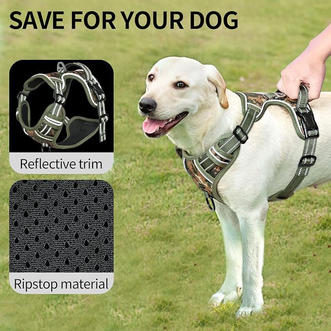 HEELE Dog Harness, No Pull Adjustable Padded Reflective Harness for Small Medium Large Dogs with Handle for Walking Training, Camo Green, XL | Reflective Front Clip Vest with Control Handle, No Choke, Adjustable 2 Metal Rings for Outdoor Walking Training - Image 5