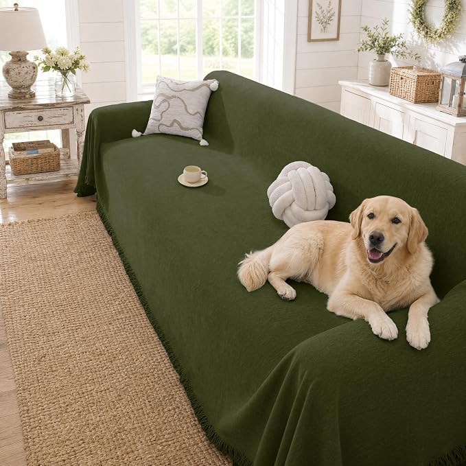 Chenille Couch Cover for Dogs Washable Boho Throw Blanket Washable | 71"×150",Grass Green, Soft Chenille, Tassel Design, Pet Friendly, Furniture Protector, for Couch, Sofa, Bed, Living Room by YSTELLAA