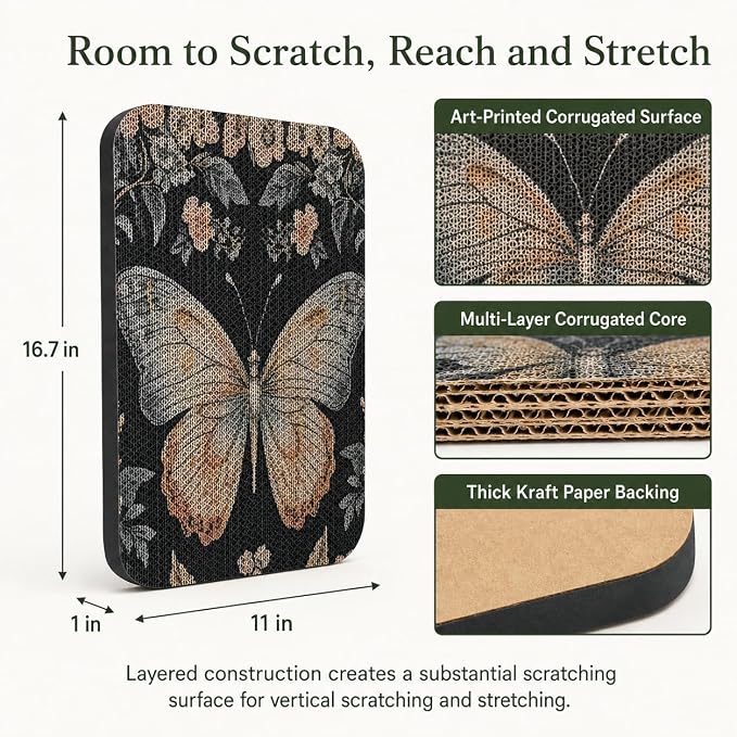 2 Pack Cat Wall Scratcher, Art Cat Scratching Board for Cats | Wall Mounted Cat Scratch Pad, Water-Based Ink, Hook&Loop Strips, Floor or Wall Use, 16.7x11x1 Inch, Owl & Butterfly - Image 2