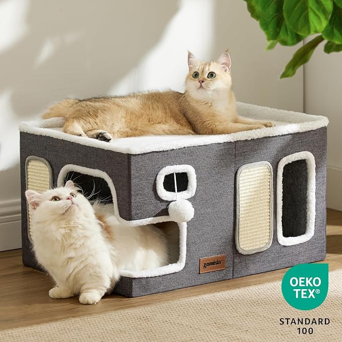 ZOMISIA Extra-Wide Cat House for Indoor Cats - Large Cat House for Pet with Fluffy Ball Hanging and Scratch Pad, Foldable Cat Hideaway for Multi Cats, 23x16.5x13 inches, Grey - Image 7